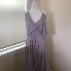 Joanna August wrap formal dress in dove grey
